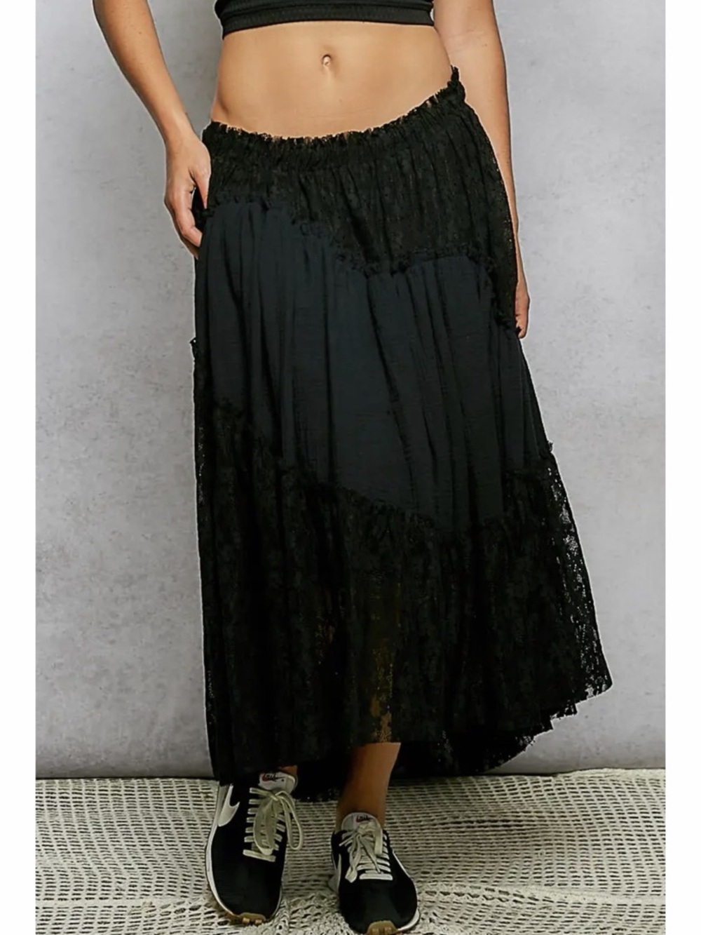 POL Black Tiered Lace Midi Skirt